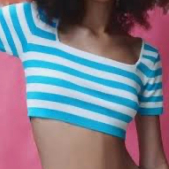 Zara Turquoise and White Striped Top - Picture 1 of 11
